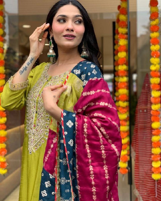 Elegant Lime Green Chanderi Kurta Set with Embroidered Neck and Contrast Dupatta Festive Wear