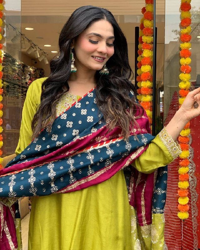 Elegant Lime Green Chanderi Kurta Set with Embroidered Neck and Contrast Dupatta Festive Wear