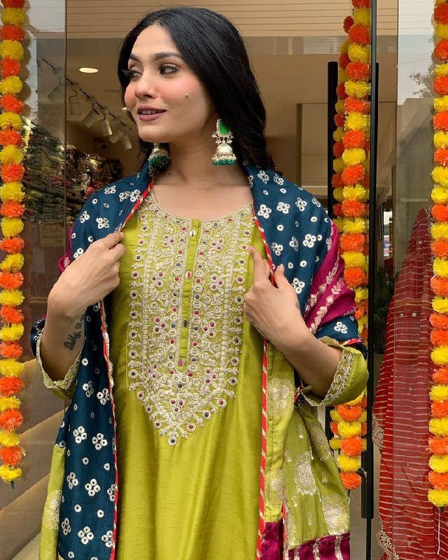 Elegant Lime Green Chanderi Kurta Set with Embroidered Neck and Contrast Dupatta Festive Wear