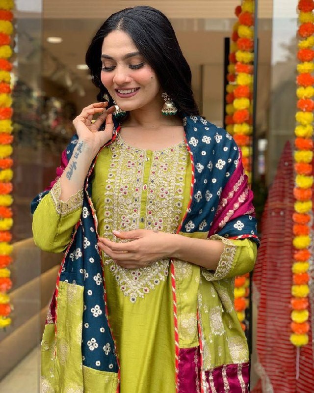 Elegant Lime Green Chanderi Kurta Set with Embroidered Neck and Contrast Dupatta Festive Wear