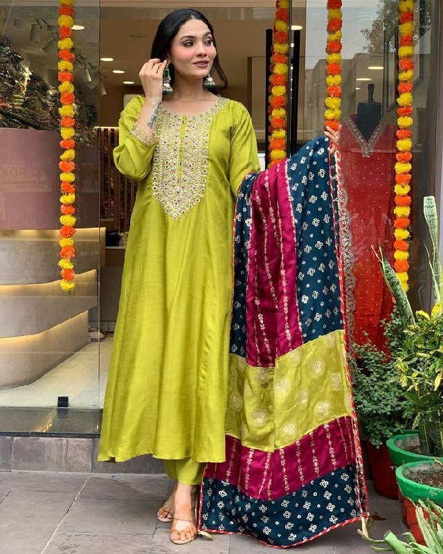 Elegant Lime Green Chanderi Kurta Set with Embroidered Neck and Contrast Dupatta Festive Wear