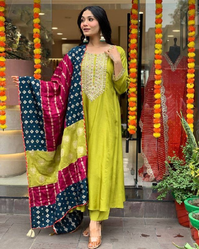 Elegant Lime Green Chanderi Kurta Set with Embroidered Neck and Contrast Dupatta Festive Wear