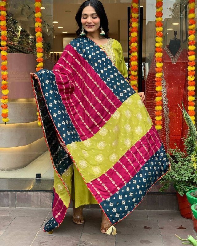 Elegant Lime Green Chanderi Kurta Set with Embroidered Neck and Contrast Dupatta Festive Wear