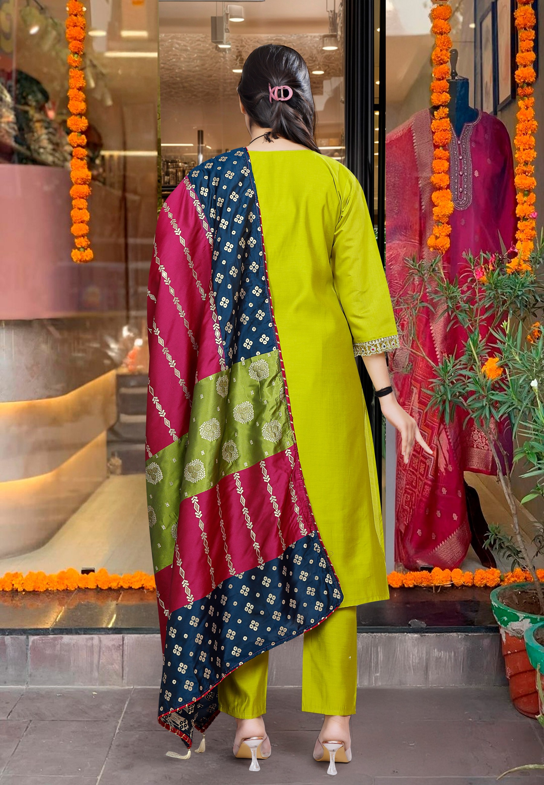 Elegant Lime Green Chanderi Kurta Set with Embroidered Neck and Contrast Dupatta Festive Wear