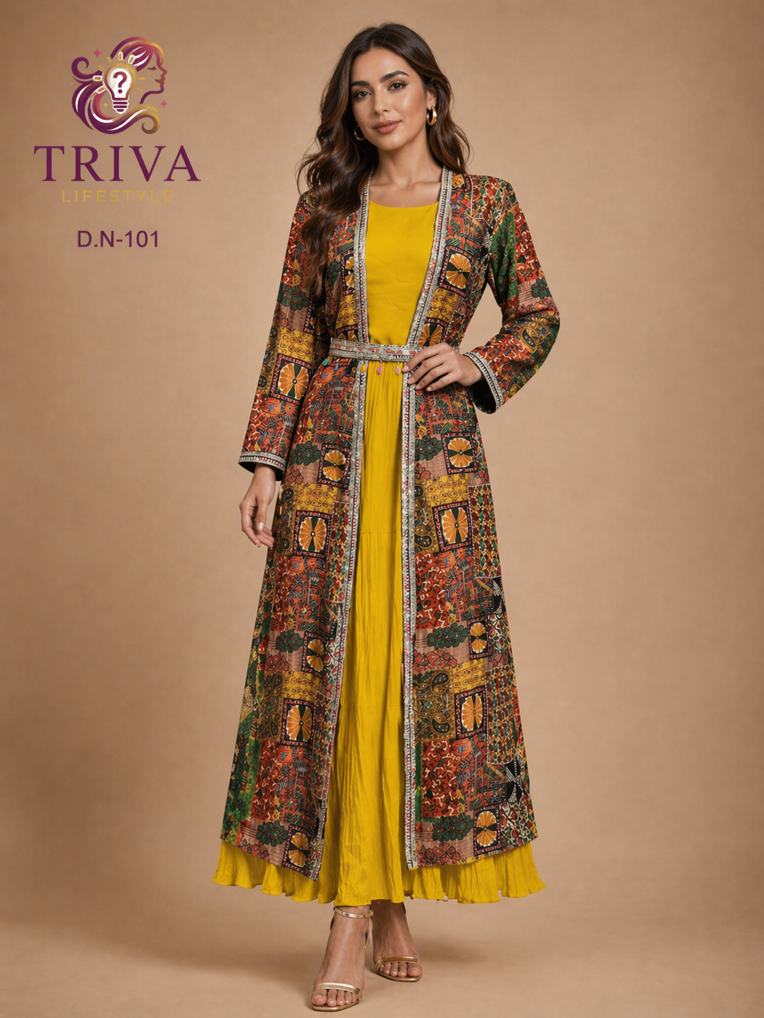 Triva -101 Women’s Mustard Yellow Anarkali Kurta Set with Printed Jacket & Dupatta Look
