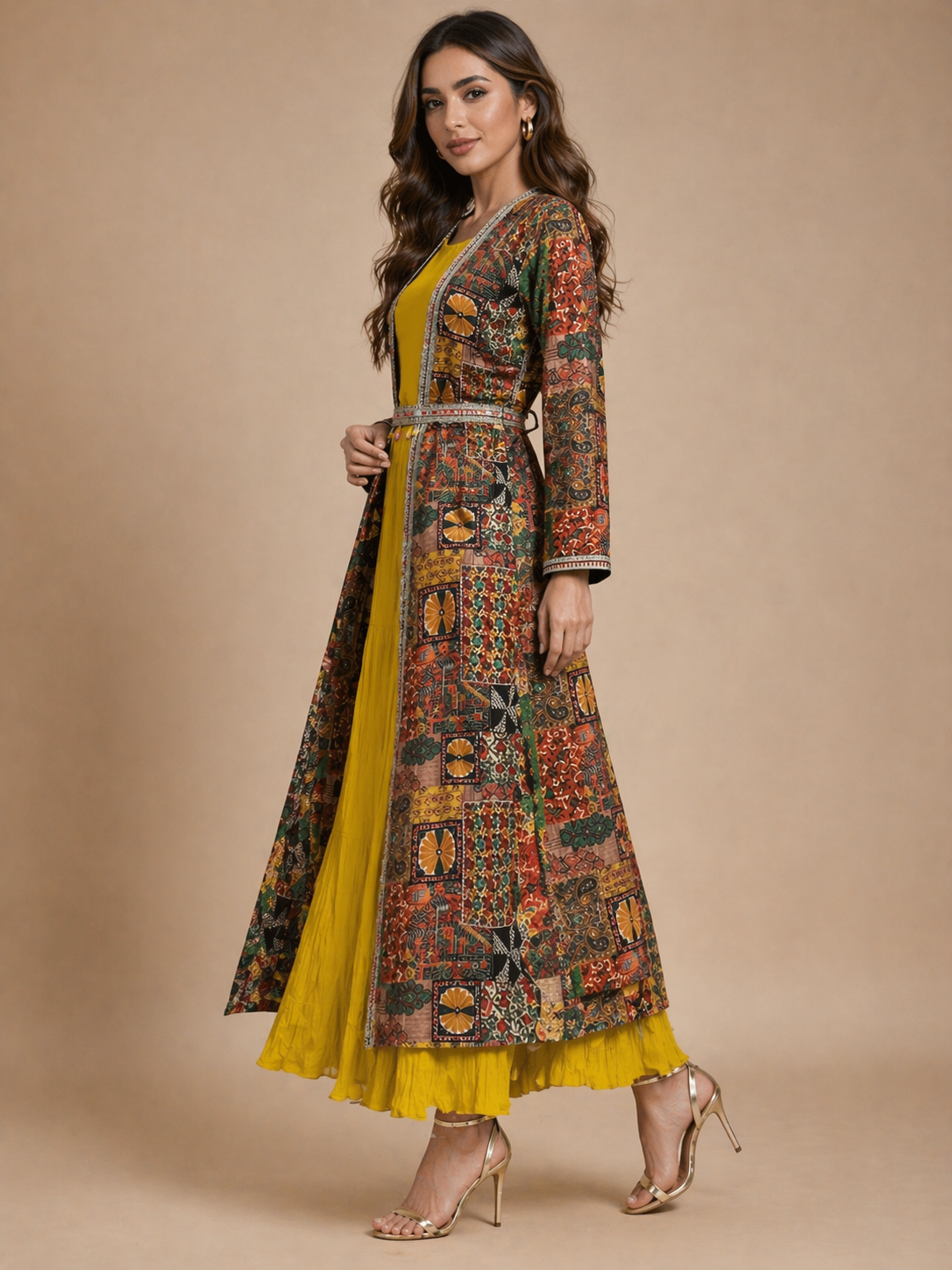 Triva -101 Women’s Mustard Yellow Anarkali Kurta Set with Printed Jacket & Dupatta Look