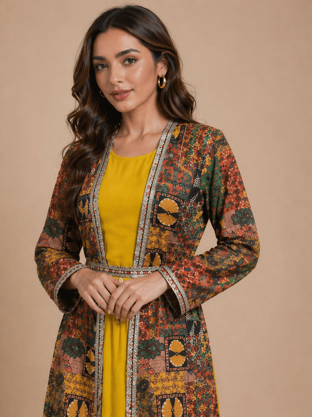 Triva -101 Women’s Mustard Yellow Anarkali Kurta Set with Printed Jacket & Dupatta Look
