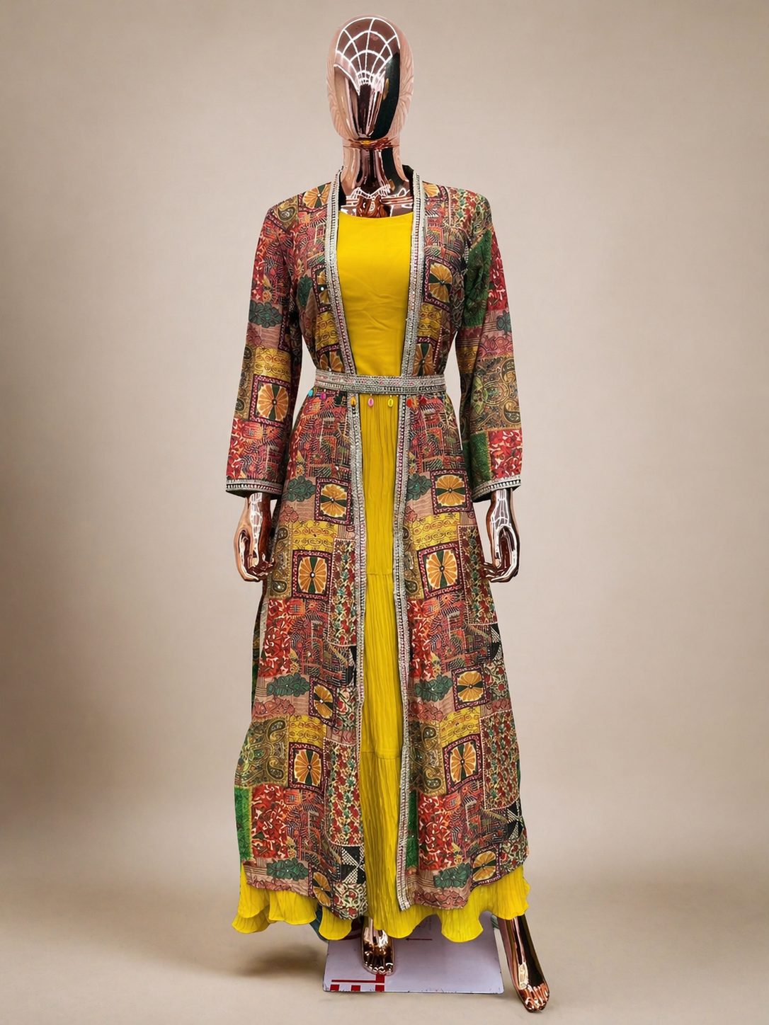 Triva -101 Women’s Mustard Yellow Anarkali Kurta Set with Printed Jacket & Dupatta Look