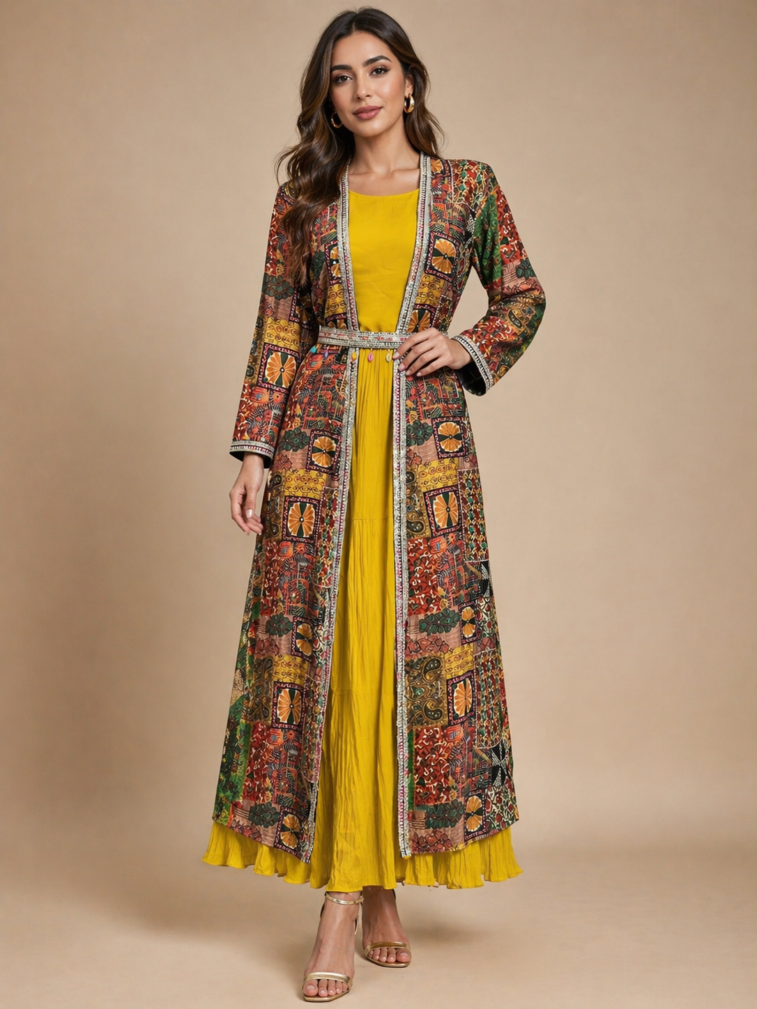 Triva -101 Women’s Mustard Yellow Anarkali Kurta Set with Printed Jacket & Dupatta Look
