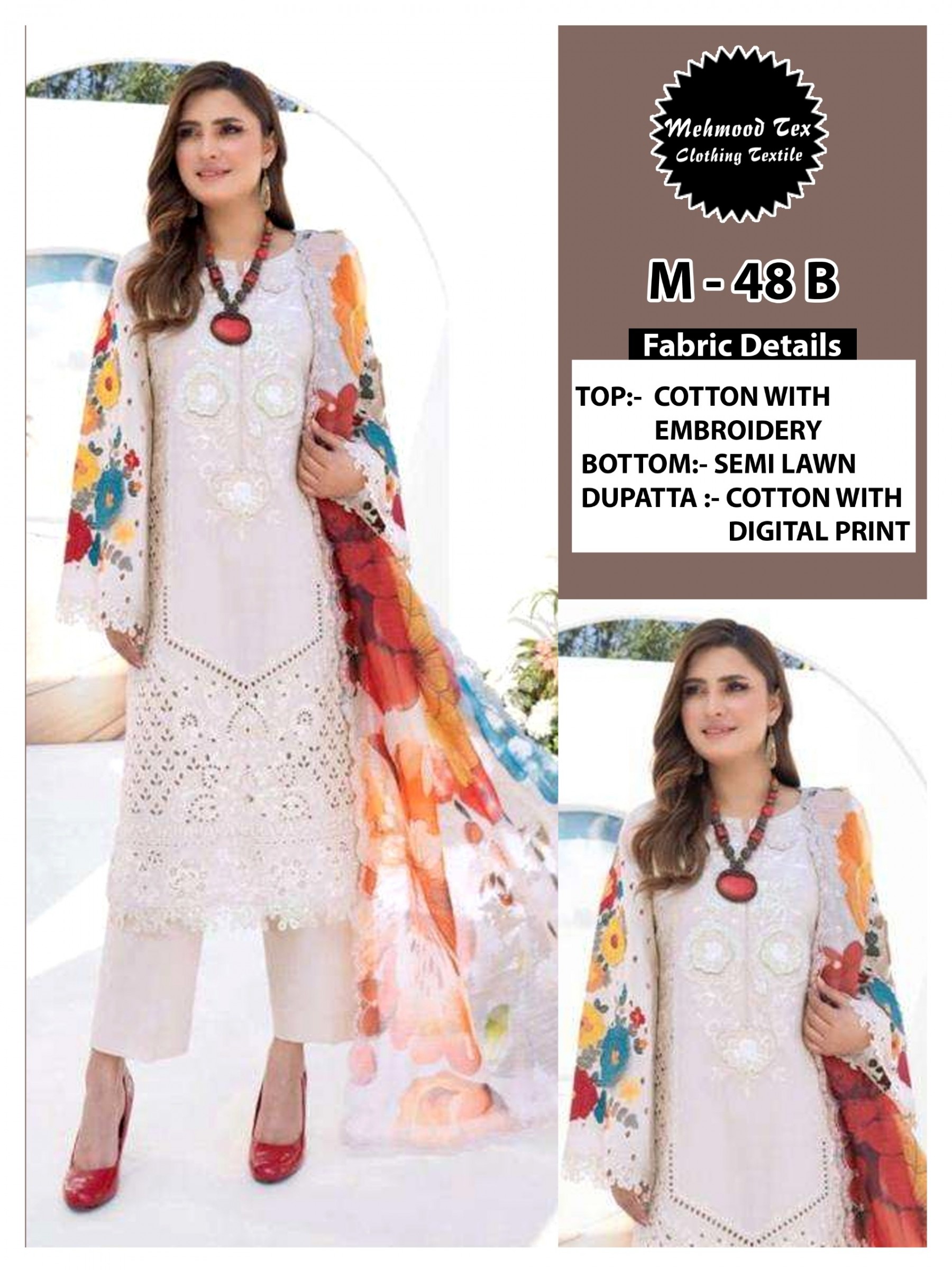 MEHDOOD TEX M 48 PAKISTANI COTTON WITH  HEAVY EMBROIDERY AND 3D FLOWER WORK SUIT