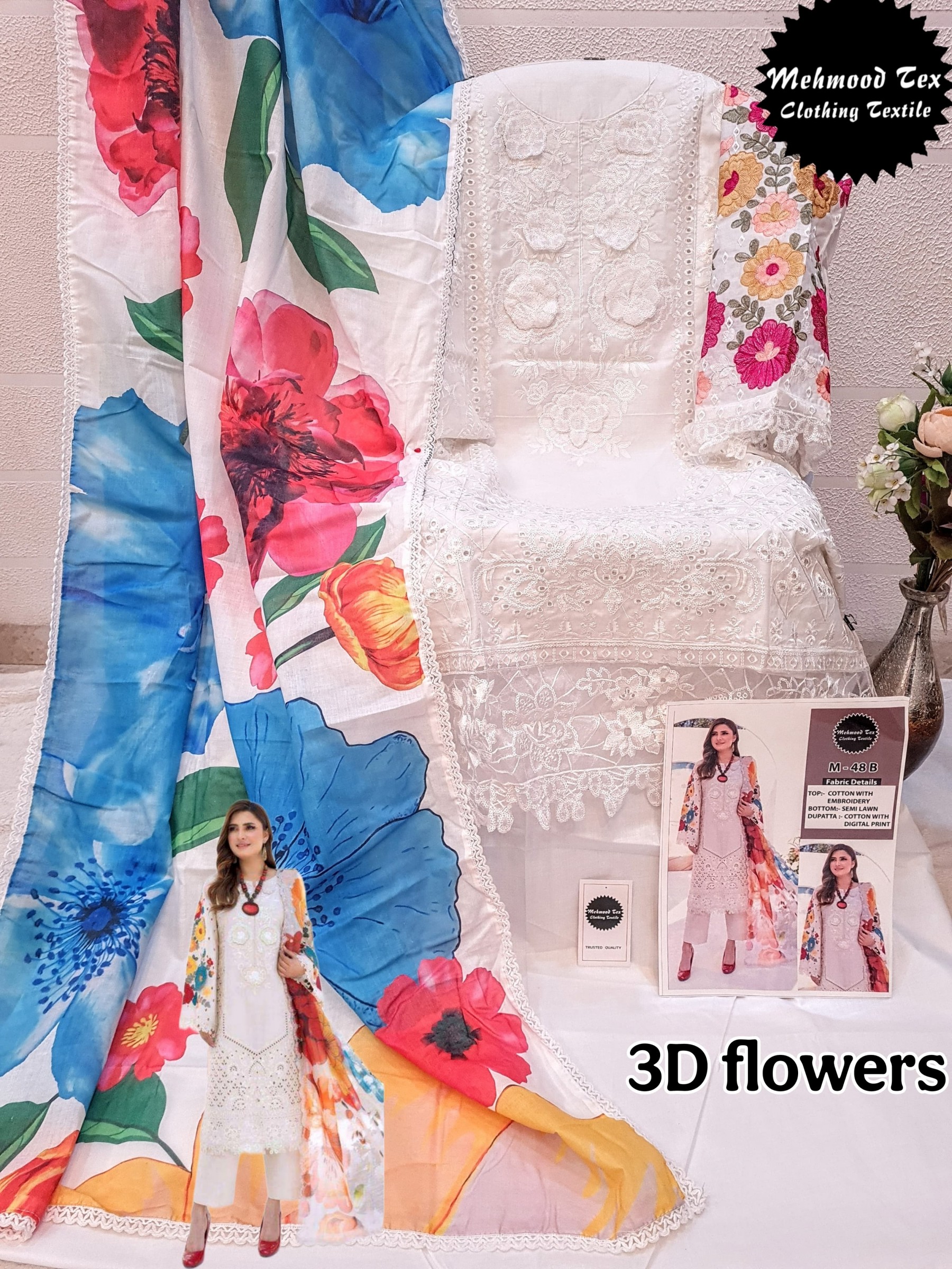 MEHDOOD TEX M 48 PAKISTANI COTTON WITH  HEAVY EMBROIDERY AND 3D FLOWER WORK SUIT