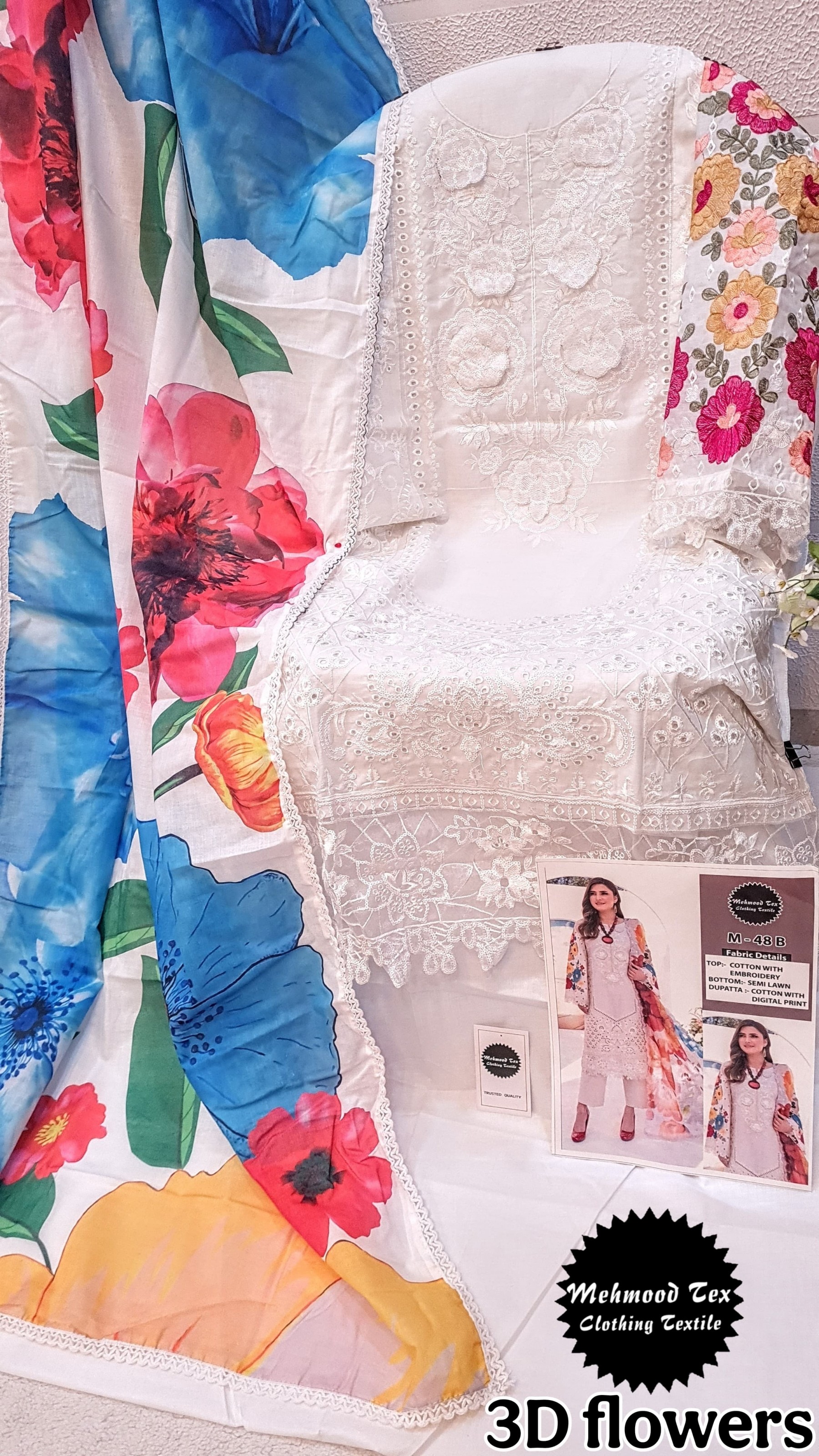 MEHDOOD TEX M 48 PAKISTANI COTTON WITH  HEAVY EMBROIDERY AND 3D FLOWER WORK SUIT