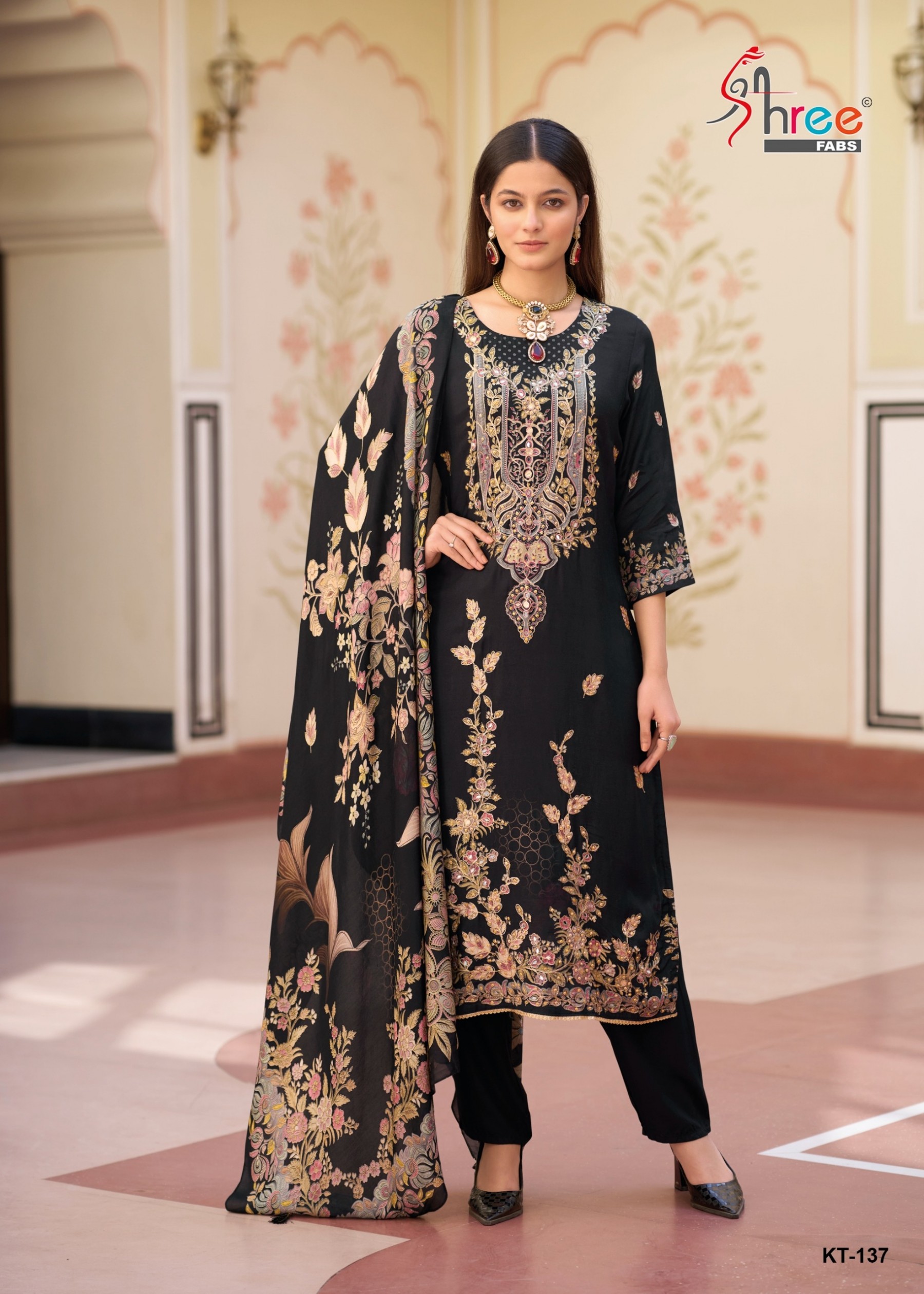 SHREE FABS KT 137 PAKISTANI FANCY MASLIN CONCEPT WITH AARI AND HAND WORK SUIT