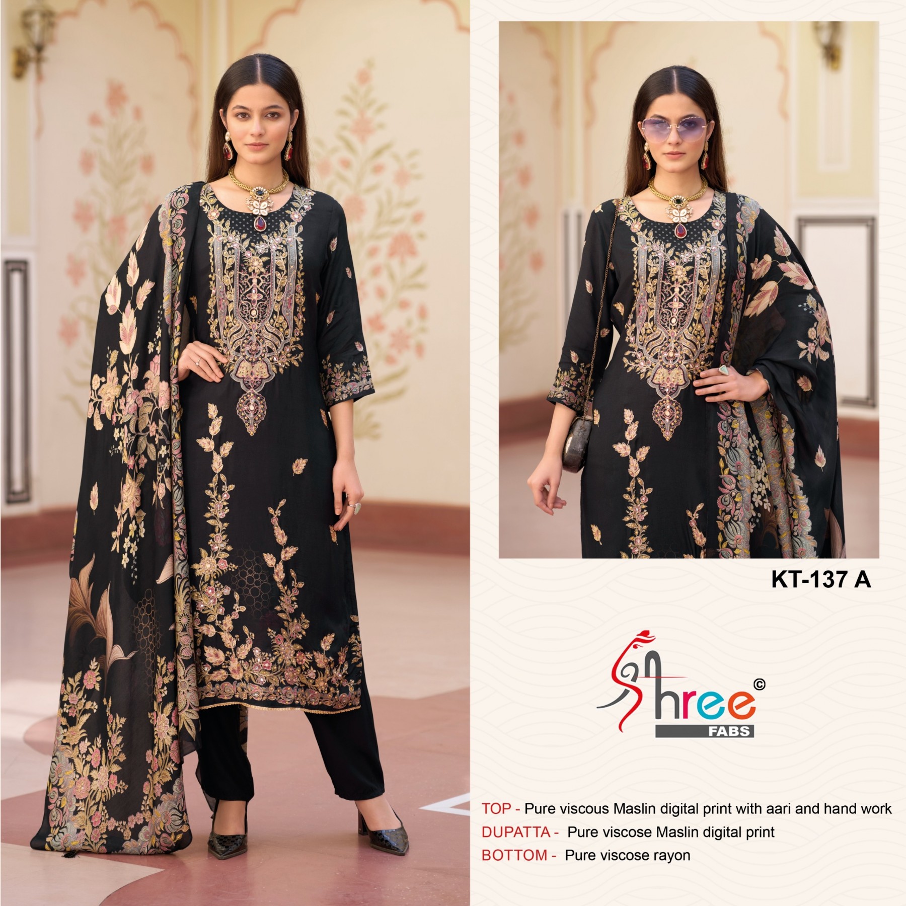 SHREE FABS KT 137 PAKISTANI FANCY MASLIN CONCEPT WITH AARI AND HAND WORK SUIT