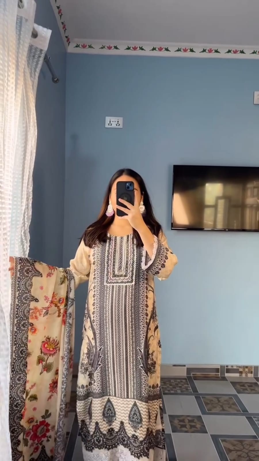 YD-021 READYMADE PAKISTANI STYLE MASLIN PRINT KURATI PENT WITH DUPATTA SET 