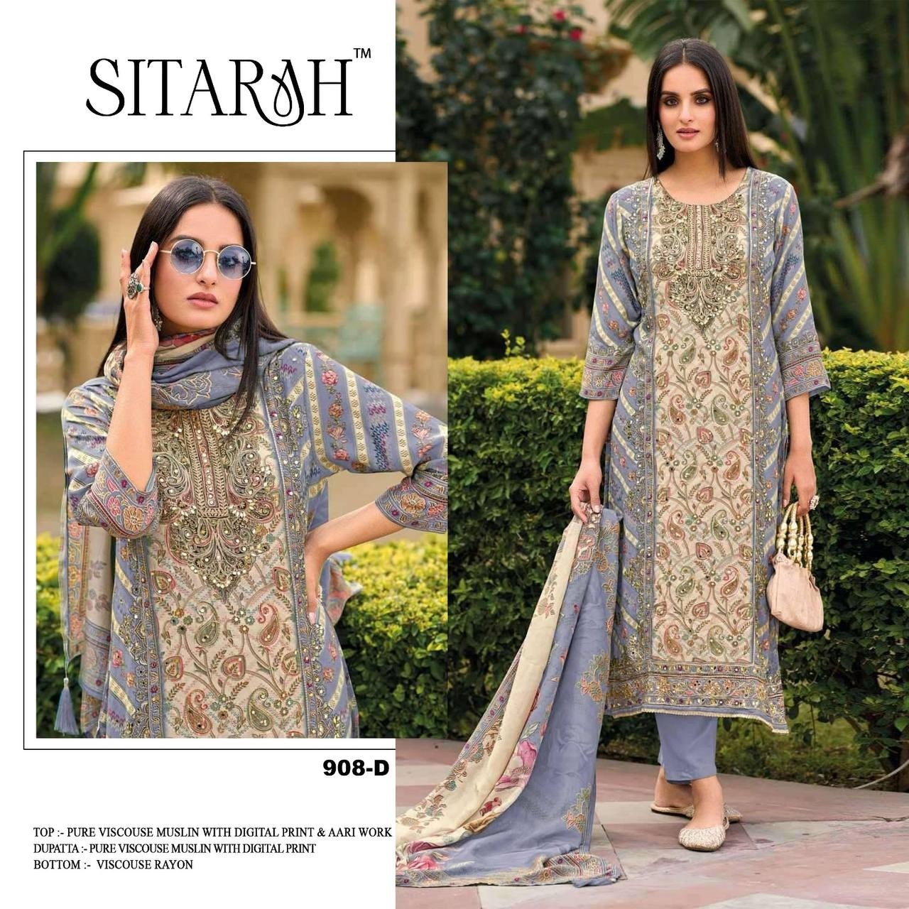 SITARAH 908 PAKISTANI VISCOSE MASLIN PRINTED WITH HAND WORK SEMI STICHAD SALWAR SUIT