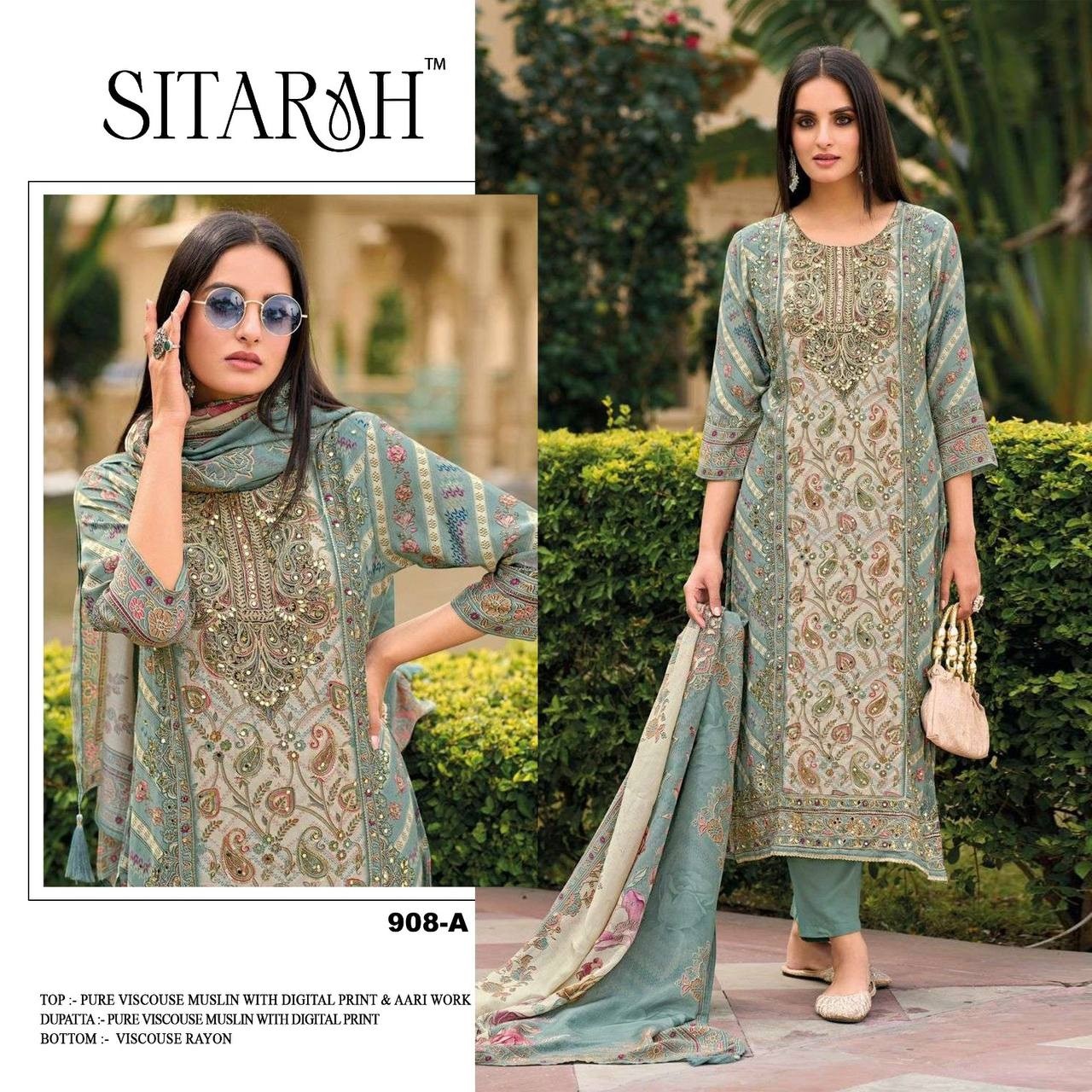 SITARAH 908 PAKISTANI VISCOSE MASLIN PRINTED WITH HAND WORK SEMI STICHAD SALWAR SUIT