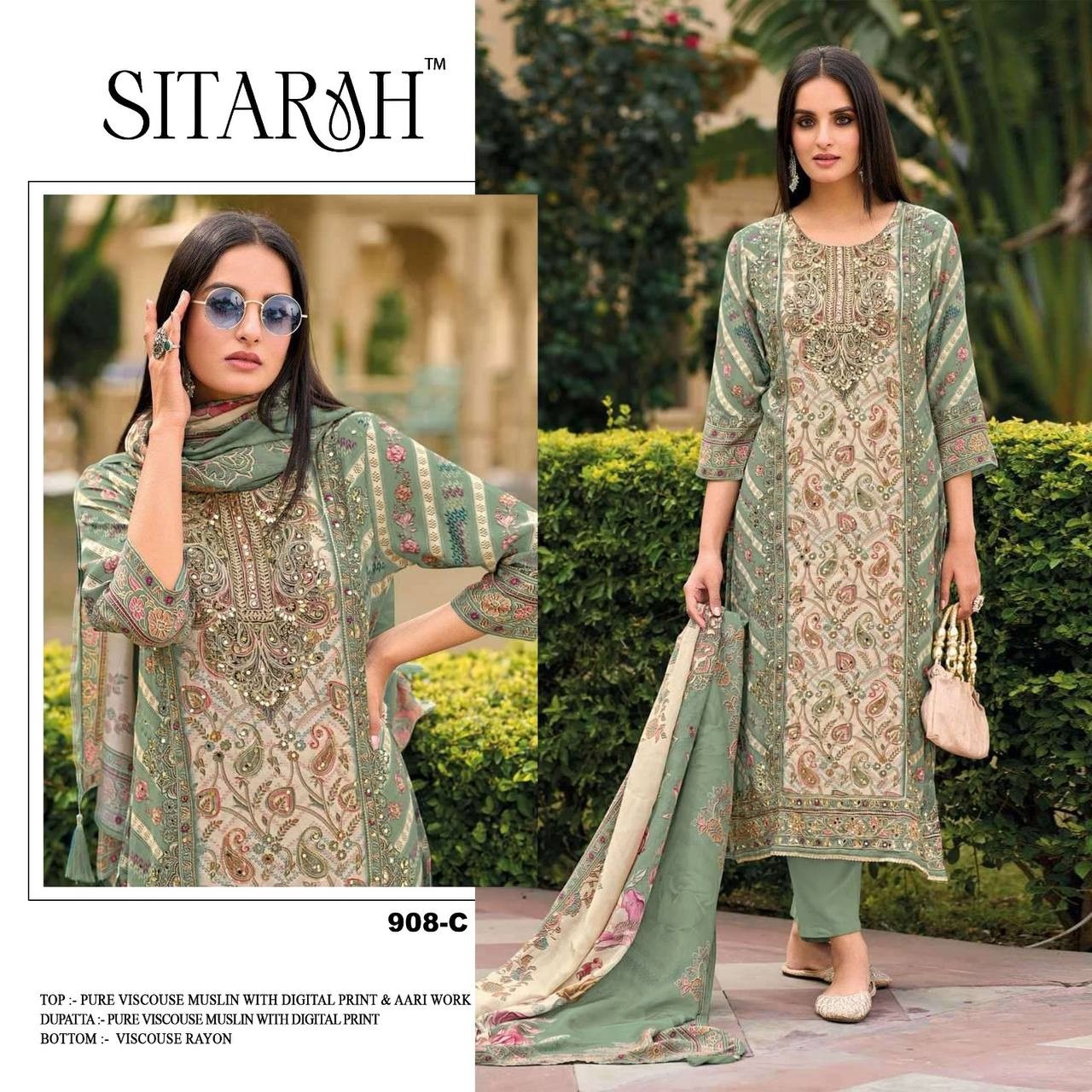 SITARAH 908 PAKISTANI VISCOSE MASLIN PRINTED WITH HAND WORK SEMI STICHAD SALWAR SUIT