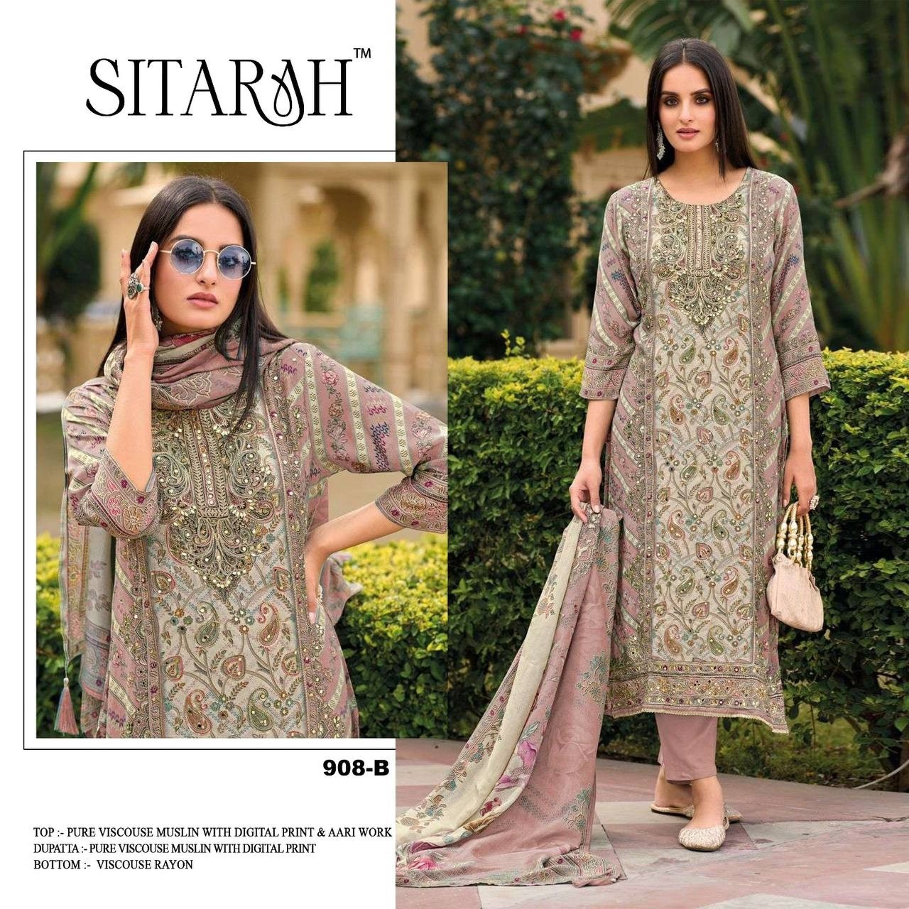 SITARAH 908 PAKISTANI VISCOSE MASLIN PRINTED WITH HAND WORK SEMI STICHAD SALWAR SUIT