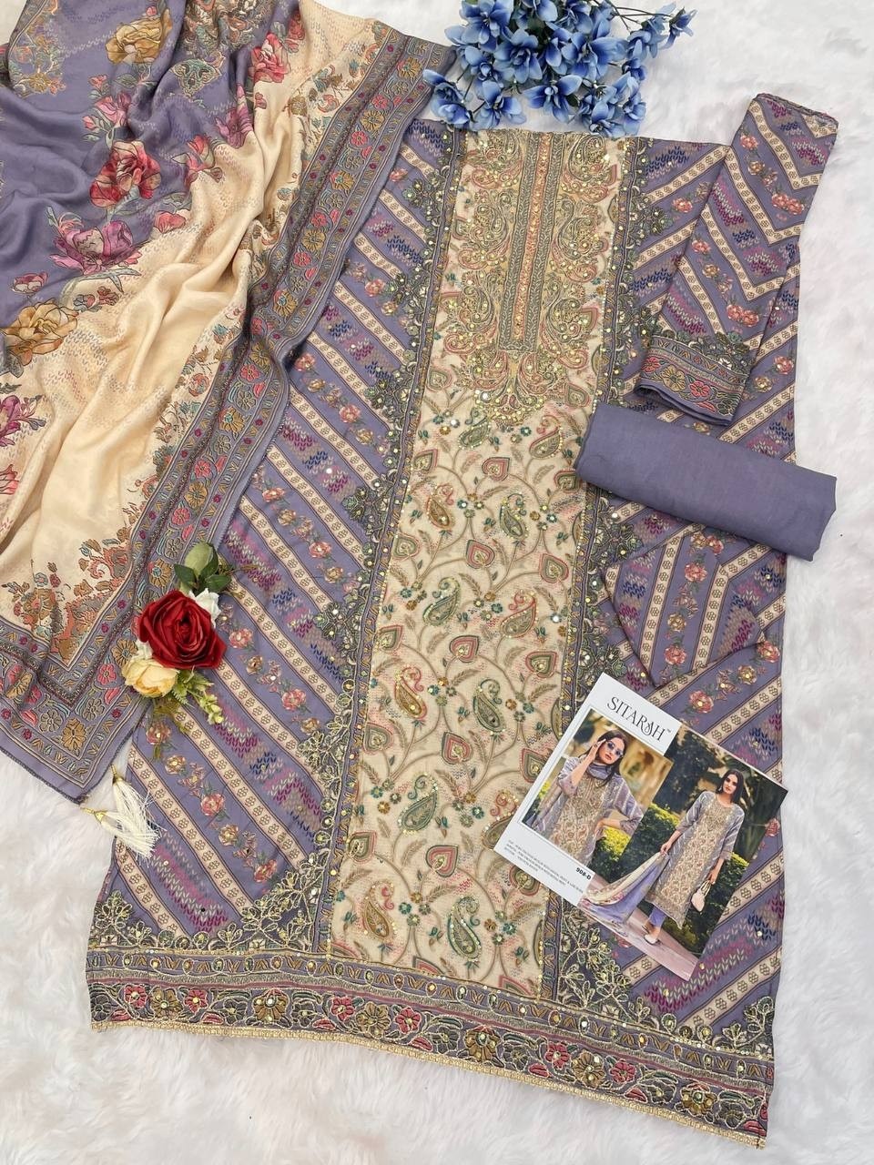 SITARAH 908 PAKISTANI VISCOSE MASLIN PRINTED WITH HAND WORK SEMI STICHAD SALWAR SUIT