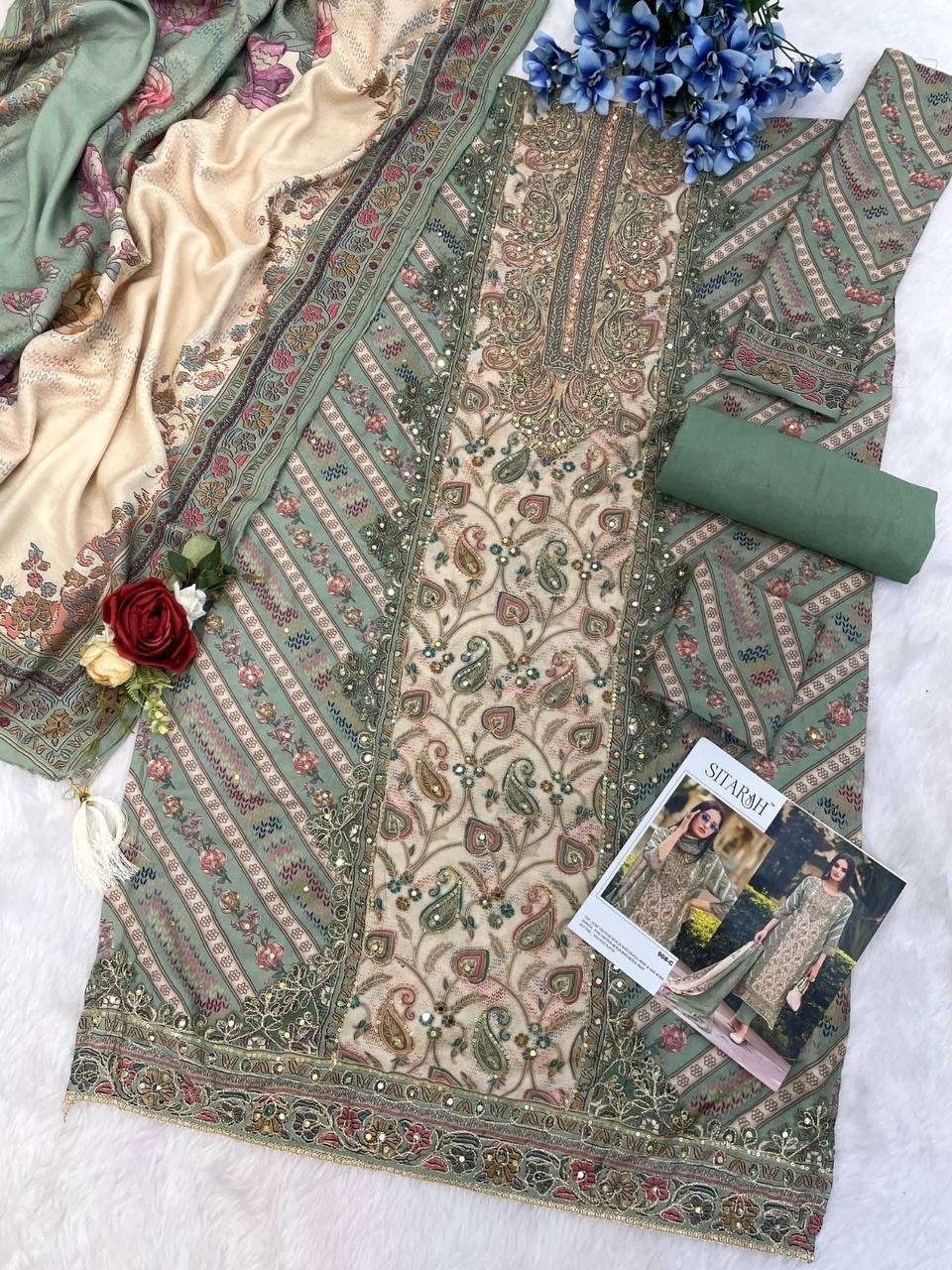 SITARAH 908 PAKISTANI VISCOSE MASLIN PRINTED WITH HAND WORK SEMI STICHAD SALWAR SUIT