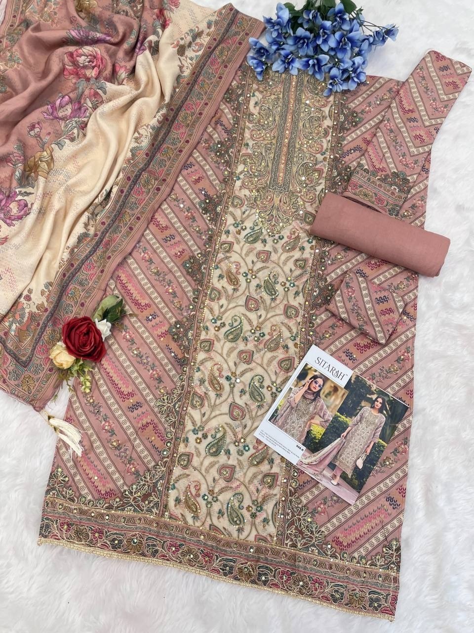 SITARAH 908 PAKISTANI VISCOSE MASLIN PRINTED WITH HAND WORK SEMI STICHAD SALWAR SUIT