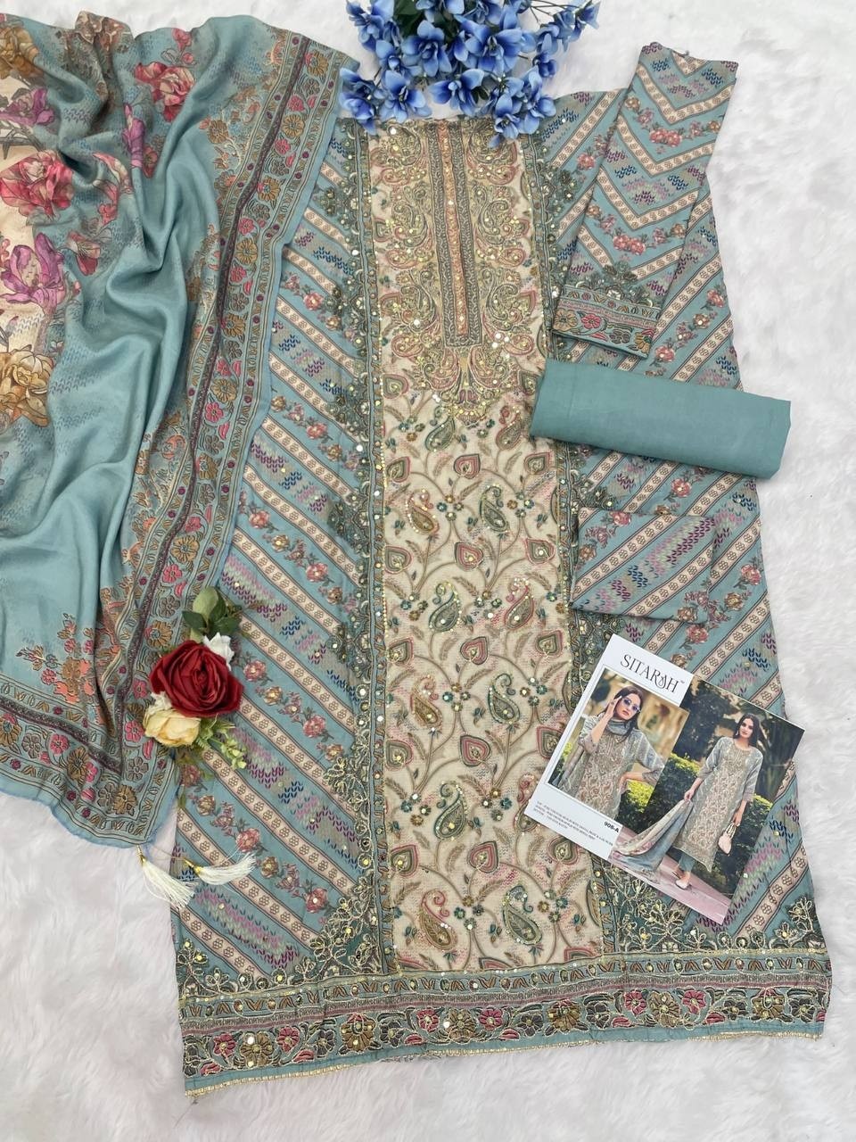 SITARAH 908 PAKISTANI VISCOSE MASLIN PRINTED WITH HAND WORK SEMI STICHAD SALWAR SUIT
