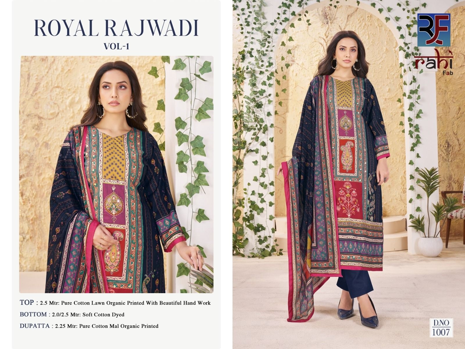 RAHI FAB BY ROYAL RAJWADI PAKISTANI SUIT FULL SET PURE COTTON WITH PRENT WITH HAND WORK