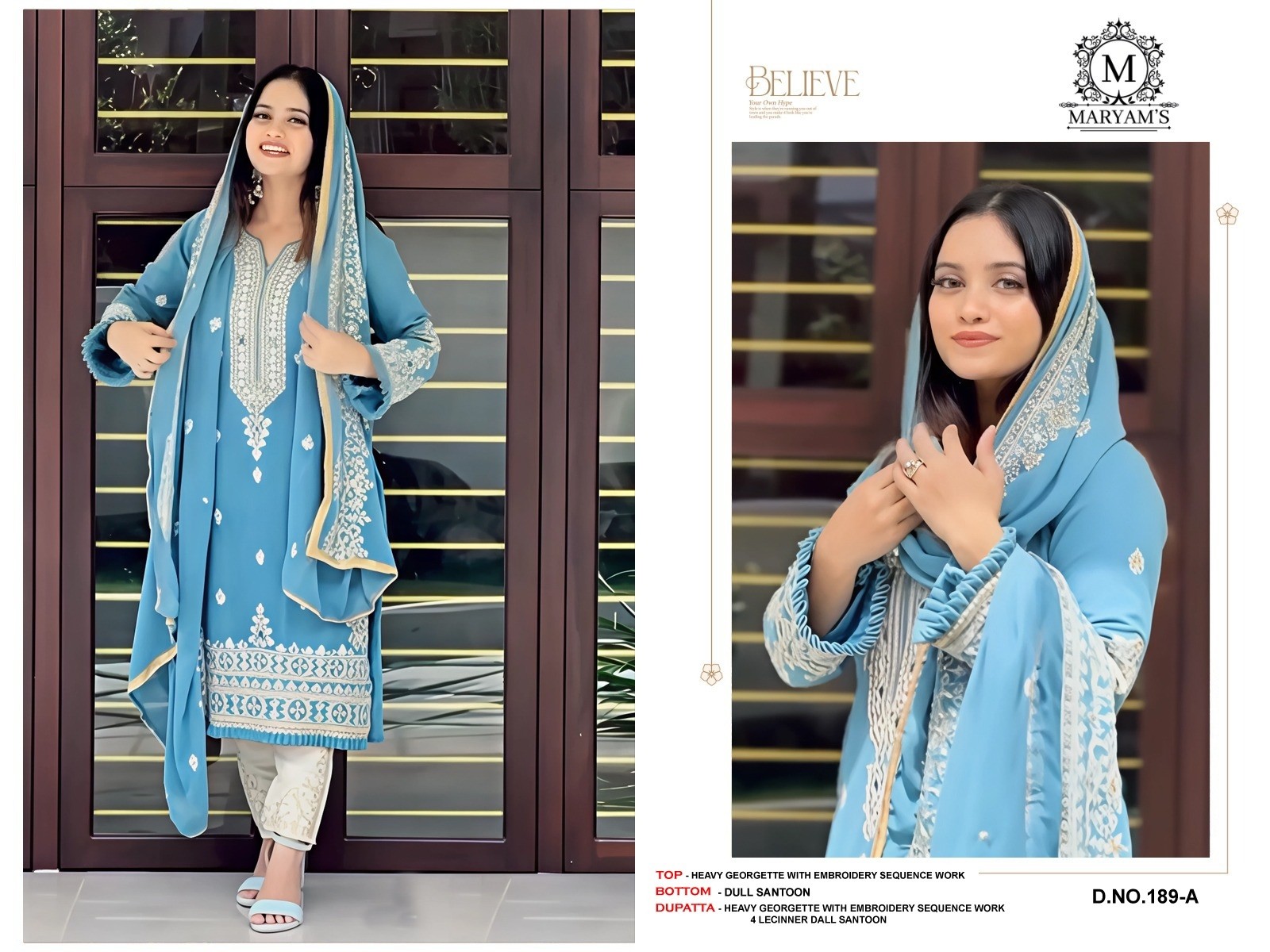 MARYAM`S-189 PAKISTANI GOEORGTTE WITH EMBROIDRY WOEK SEMI STICHAD SALWAR SUIT