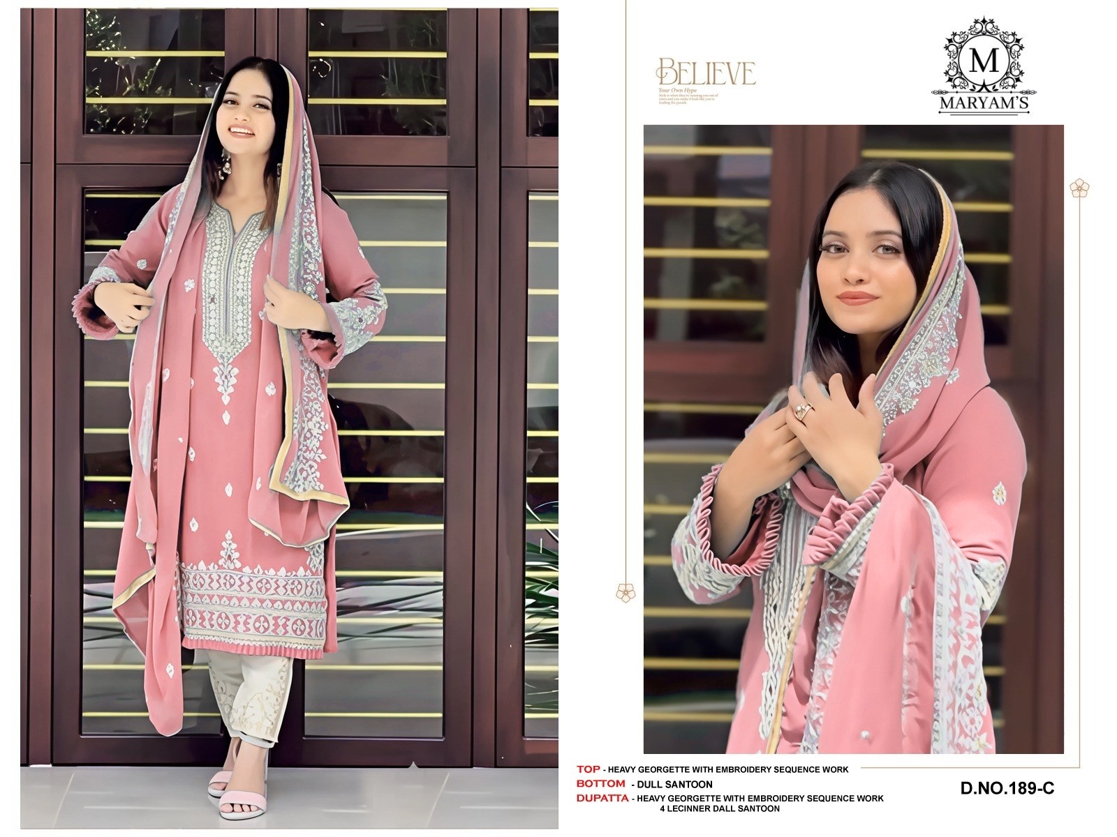 MARYAM`S-189 PAKISTANI GOEORGTTE WITH EMBROIDRY WOEK SEMI STICHAD SALWAR SUIT