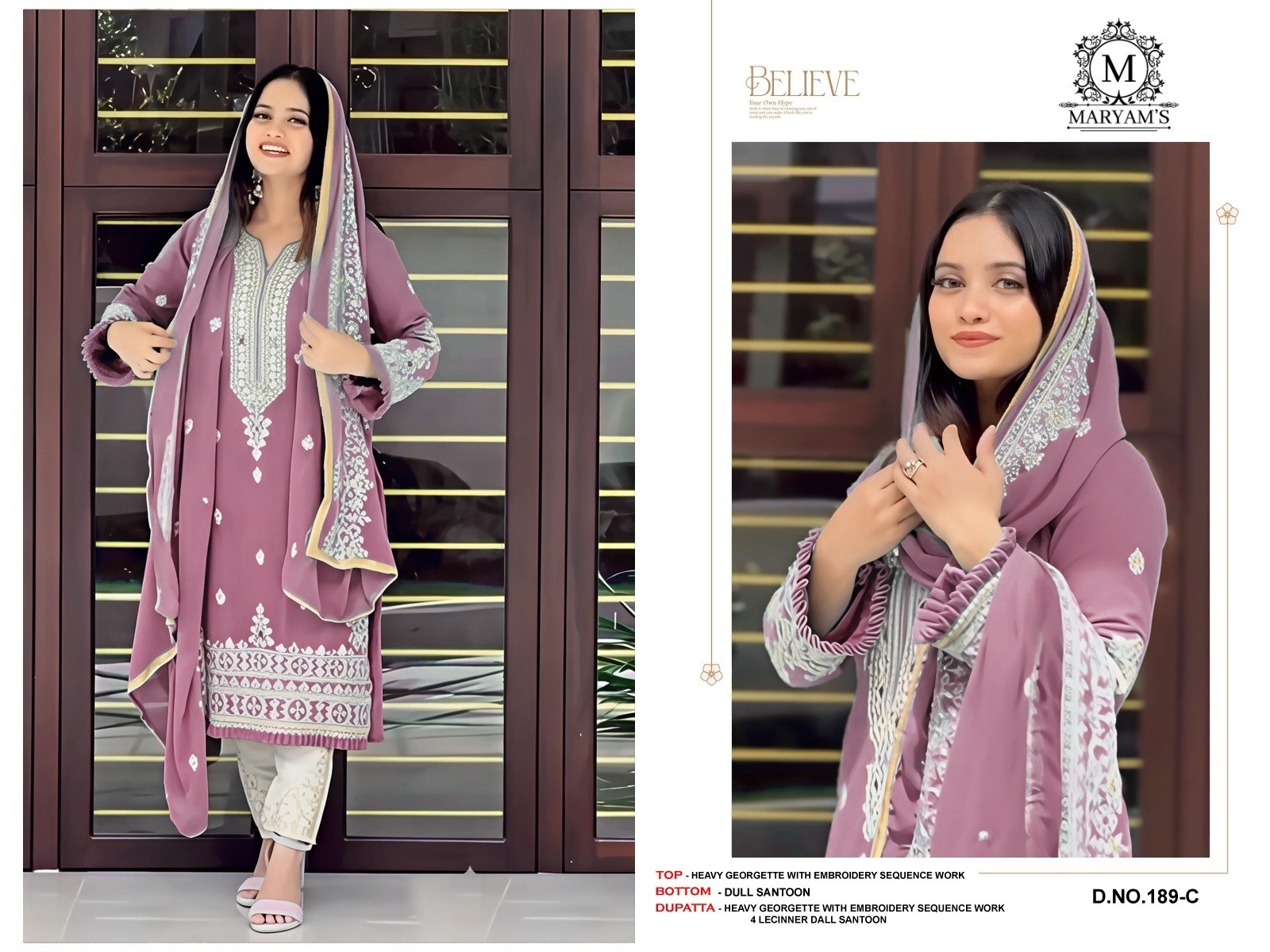 MARYAM`S-189 PAKISTANI GOEORGTTE WITH EMBROIDRY WOEK SEMI STICHAD SALWAR SUIT