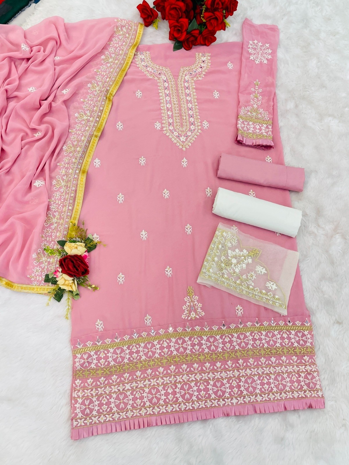 MARYAM`S-189 PAKISTANI GOEORGTTE WITH EMBROIDRY WOEK SEMI STICHAD SALWAR SUIT