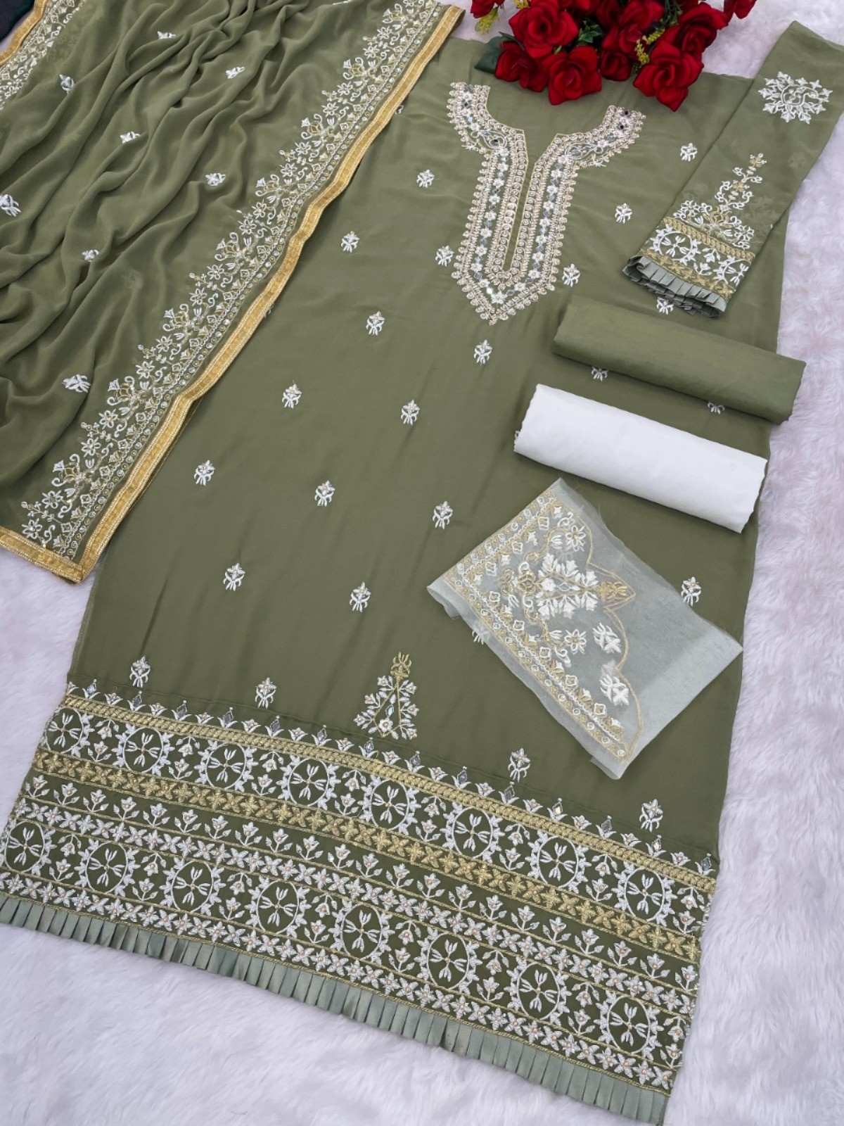MARYAM`S-189 PAKISTANI GOEORGTTE WITH EMBROIDRY WOEK SEMI STICHAD SALWAR SUIT