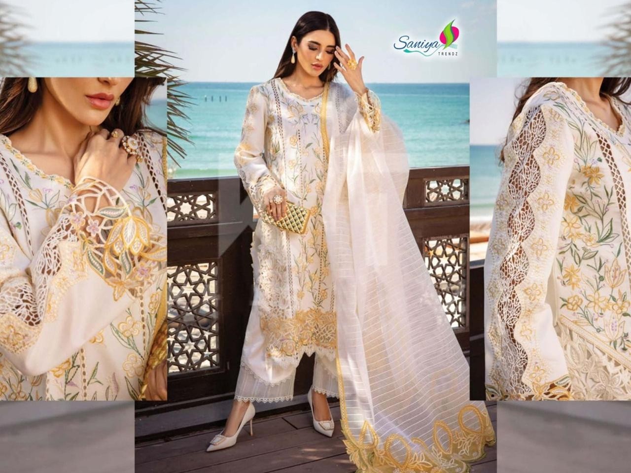 SANIYA TRENDZ RANG RASIYA VOL 26 PAKISTANI WHITE COLOUR COTTON WITH CHIKANKARI WORK SEMI STICHAD SALWAR SUIT 