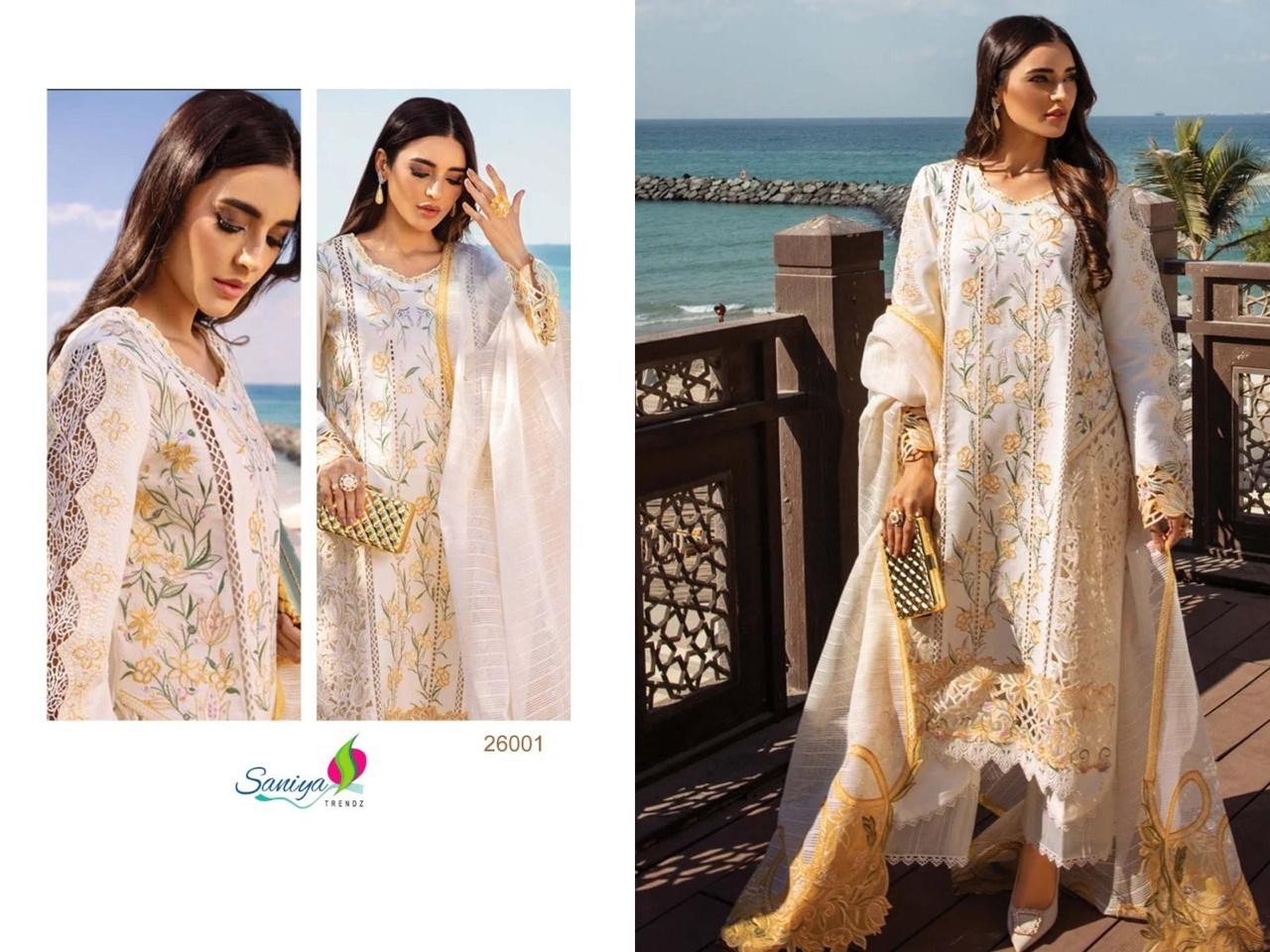 SANIYA TRENDZ RANG RASIYA VOL 26 PAKISTANI WHITE COLOUR COTTON WITH CHIKANKARI WORK SEMI STICHAD SALWAR SUIT 