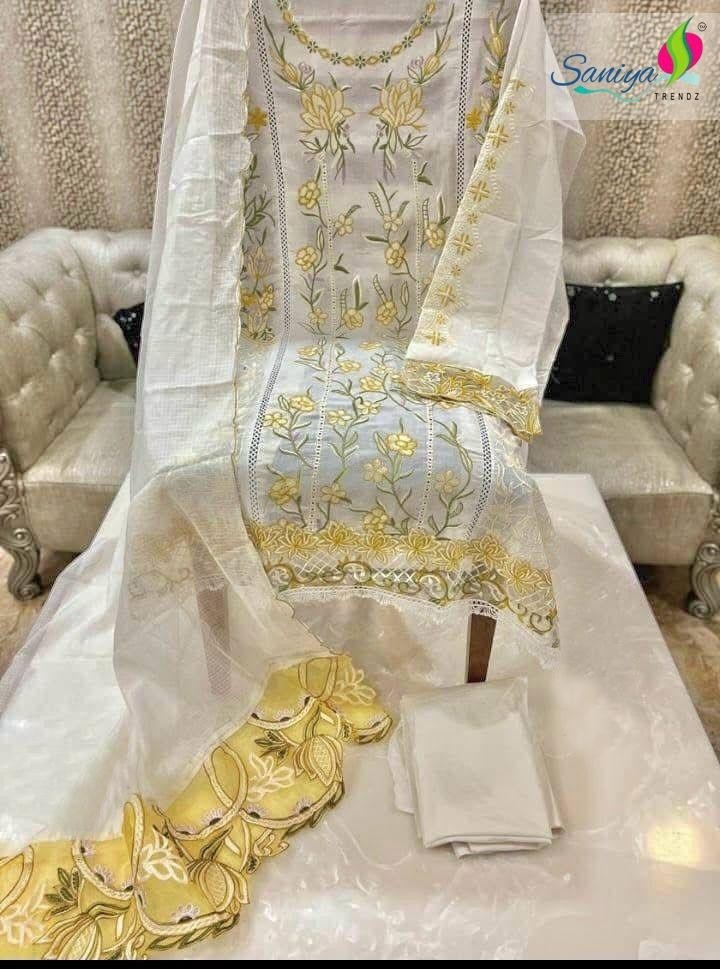 SANIYA TRENDZ RANG RASIYA VOL 26 PAKISTANI WHITE COLOUR COTTON WITH CHIKANKARI WORK SEMI STICHAD SALWAR SUIT 