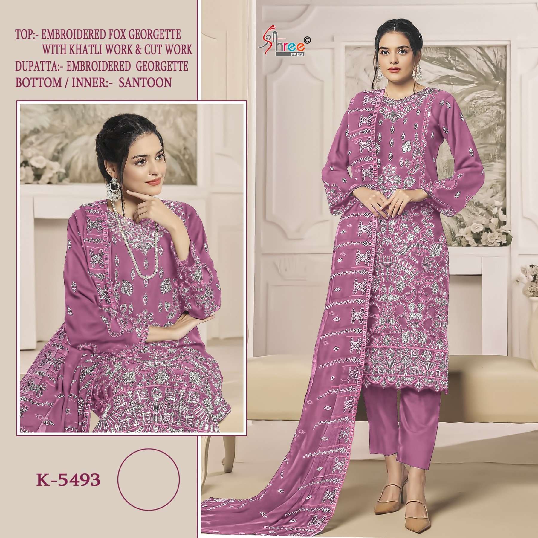 SHREE FAB K 5493 PAKISTANI FOX GEORGTTE WITH EMBROIDERY SEMI STICHAD SUIT