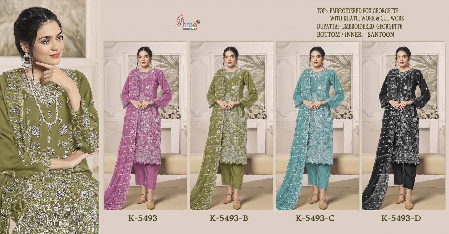 SHREE FAB K 5493 PAKISTANI FOX GEORGTTE WITH EMBROIDERY SEMI STICHAD SUIT