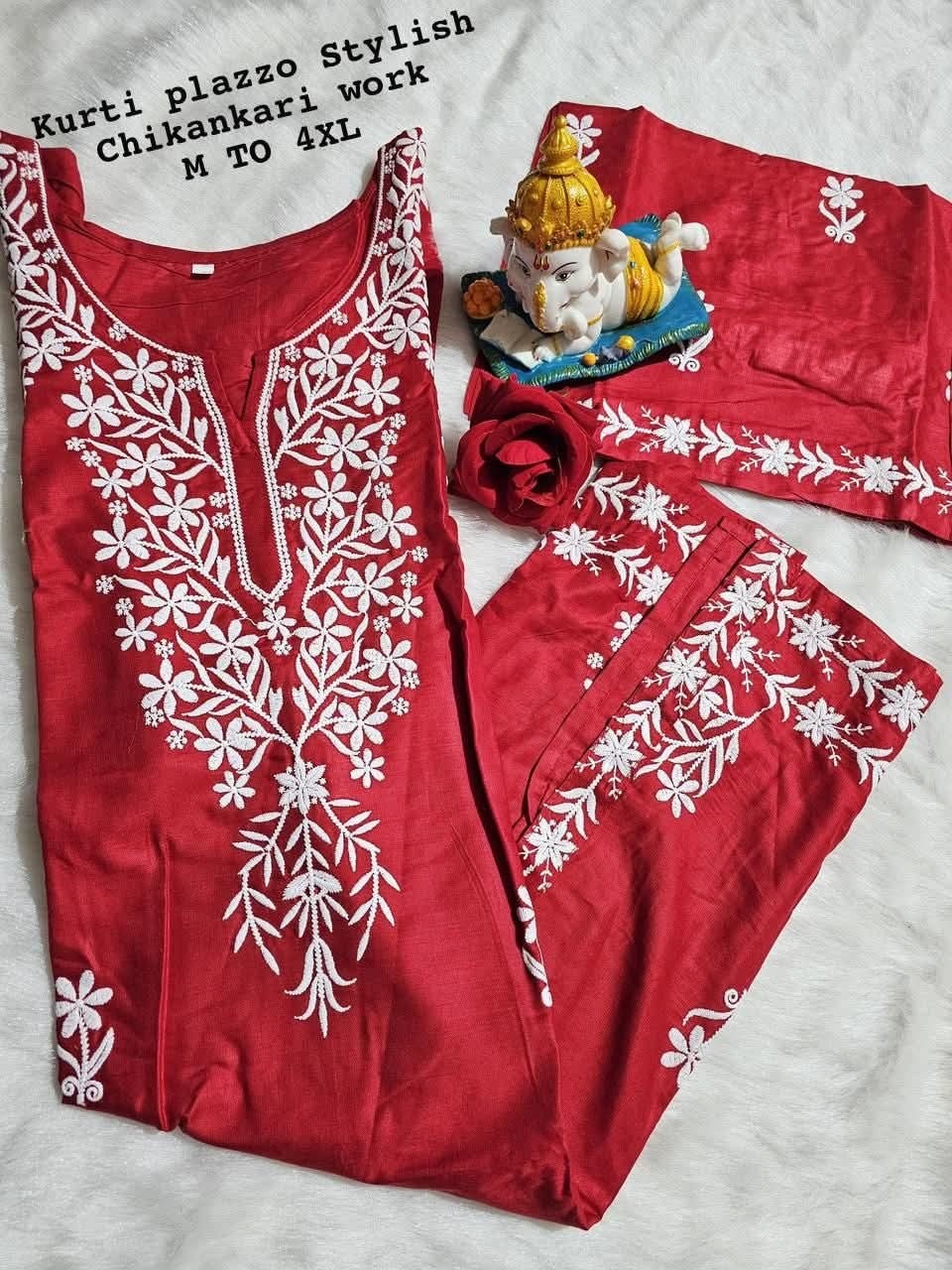 NEW TREDITIONALCHIKANKARI KURATIS FOR WOMEN PENT WITH DUPATTA SET 