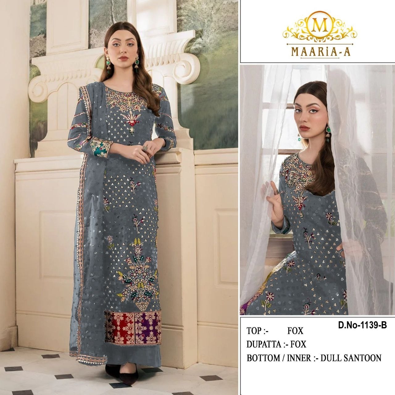 MAARIA-A 1139 PAKISTANI LEDIES DESIGNER SUIT WITH HEAVY EMBROIDERY WORK