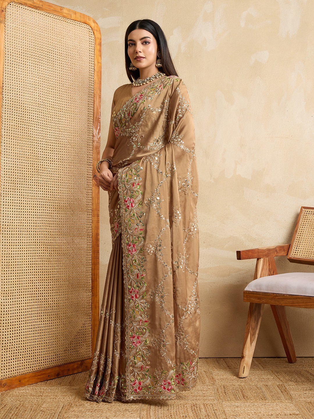 Designer Wedding Saree Gold Rangoli Silk with Banglory Silk Blouse