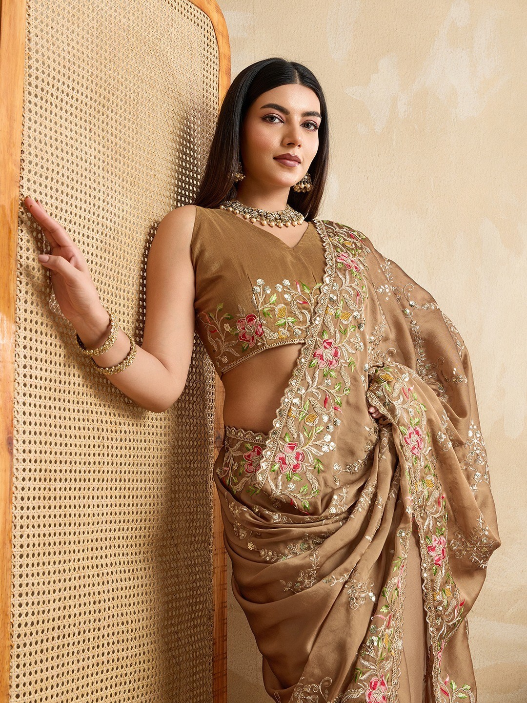 Designer Wedding Saree Gold Rangoli Silk with Banglory Silk Blouse
