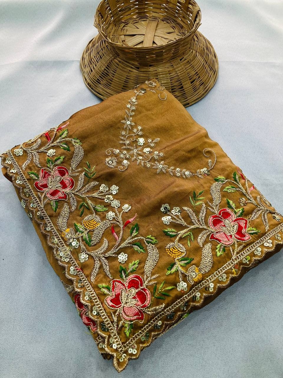 Designer Wedding Saree Gold Rangoli Silk with Banglory Silk Blouse