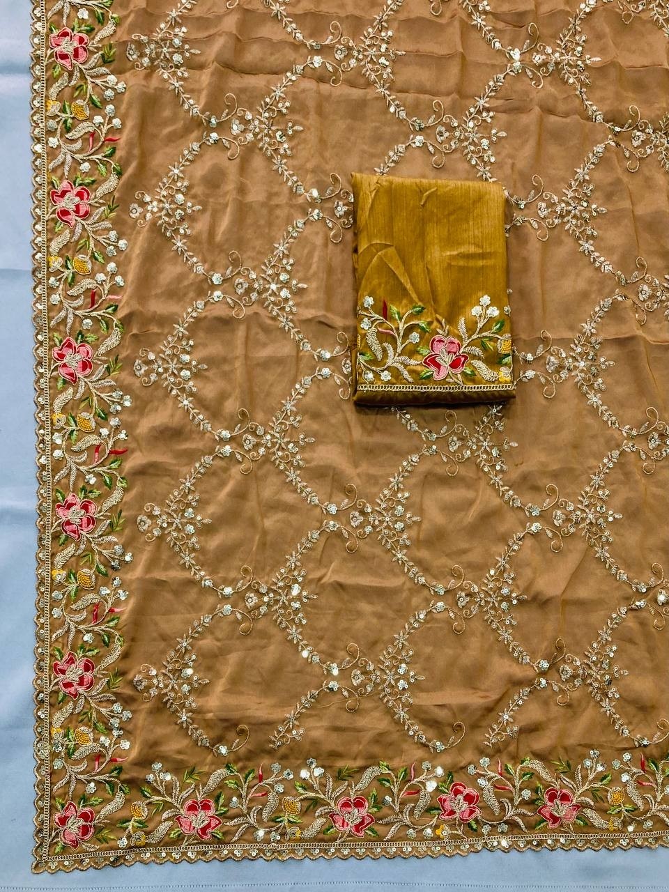 Designer Wedding Saree Gold Rangoli Silk with Banglory Silk Blouse
