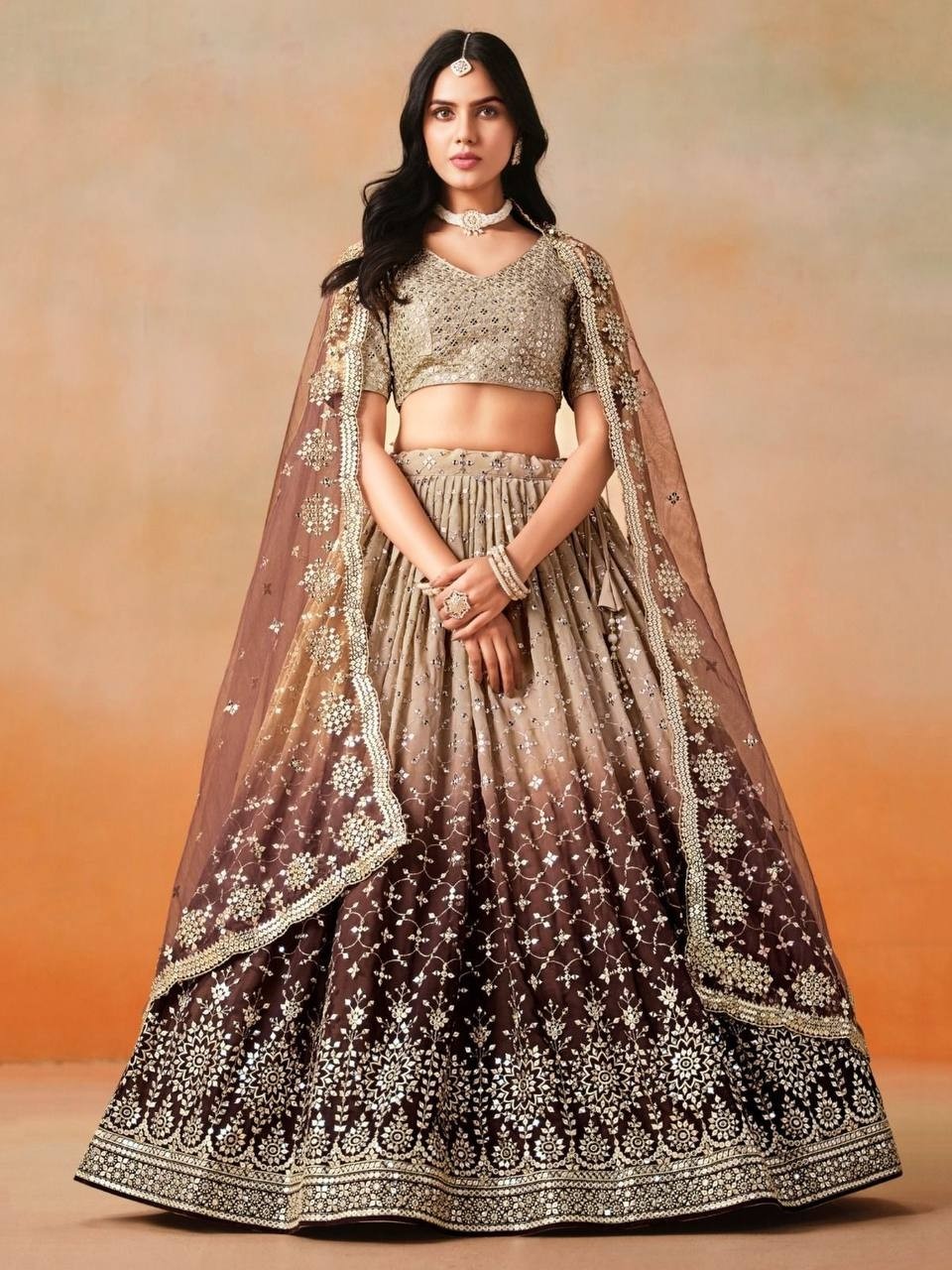 BRIDAL WEAR HEAVY FUAX GEORGETTE EMBROIDERED SEQUENCE WORK LEHENGAS CHOLI WITH DUPATTA