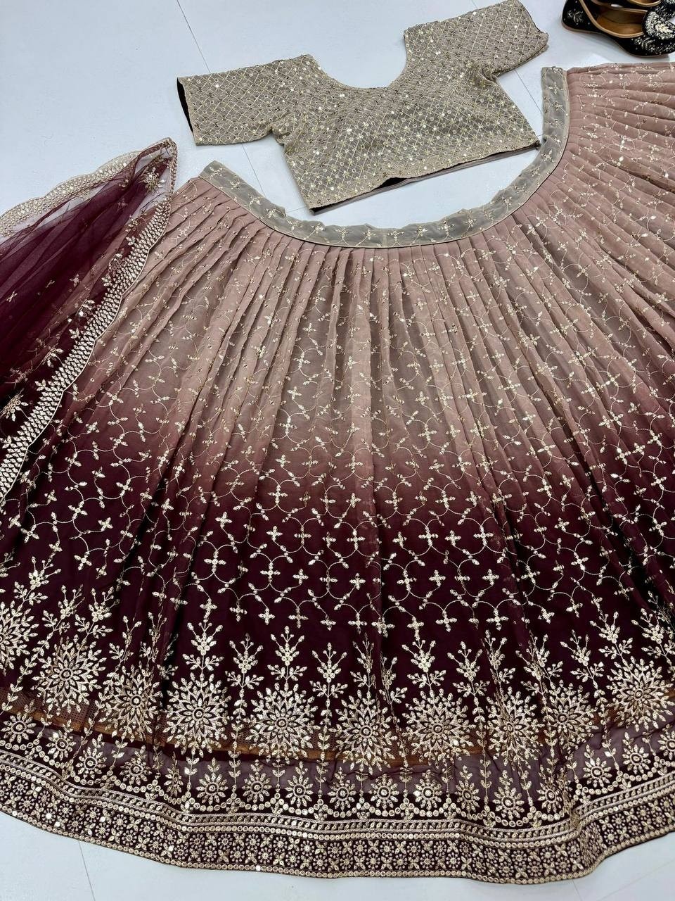 BRIDAL WEAR HEAVY FUAX GEORGETTE EMBROIDERED SEQUENCE WORK LEHENGAS CHOLI WITH DUPATTA