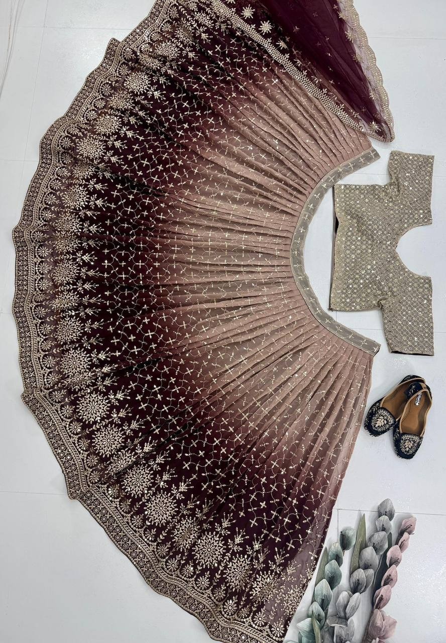 BRIDAL WEAR HEAVY FUAX GEORGETTE EMBROIDERED SEQUENCE WORK LEHENGAS CHOLI WITH DUPATTA