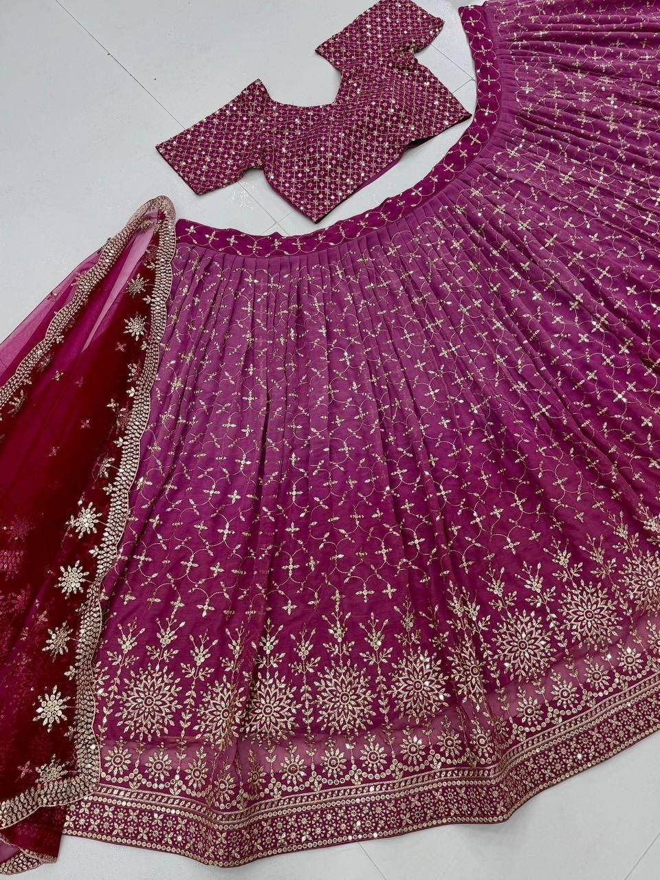 BRIDAL WEAR HEAVY FUAX GEORGETTE EMBROIDERED SEQUENCE WORK LEHENGAS CHOLI WITH DUPATTA