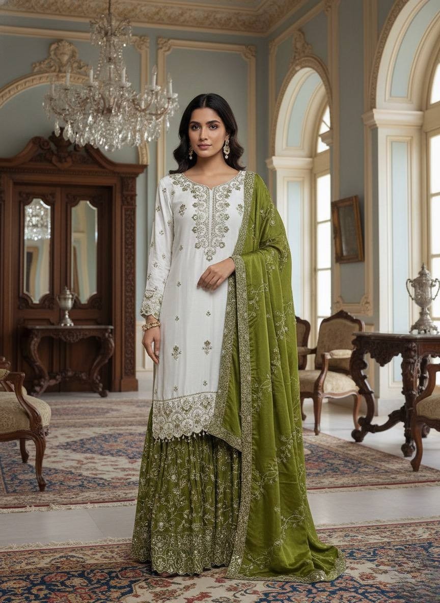 Wholesale Off-White Sharara Suit: Heavy Embroidery Kurti Rust Dupatta Factory Price