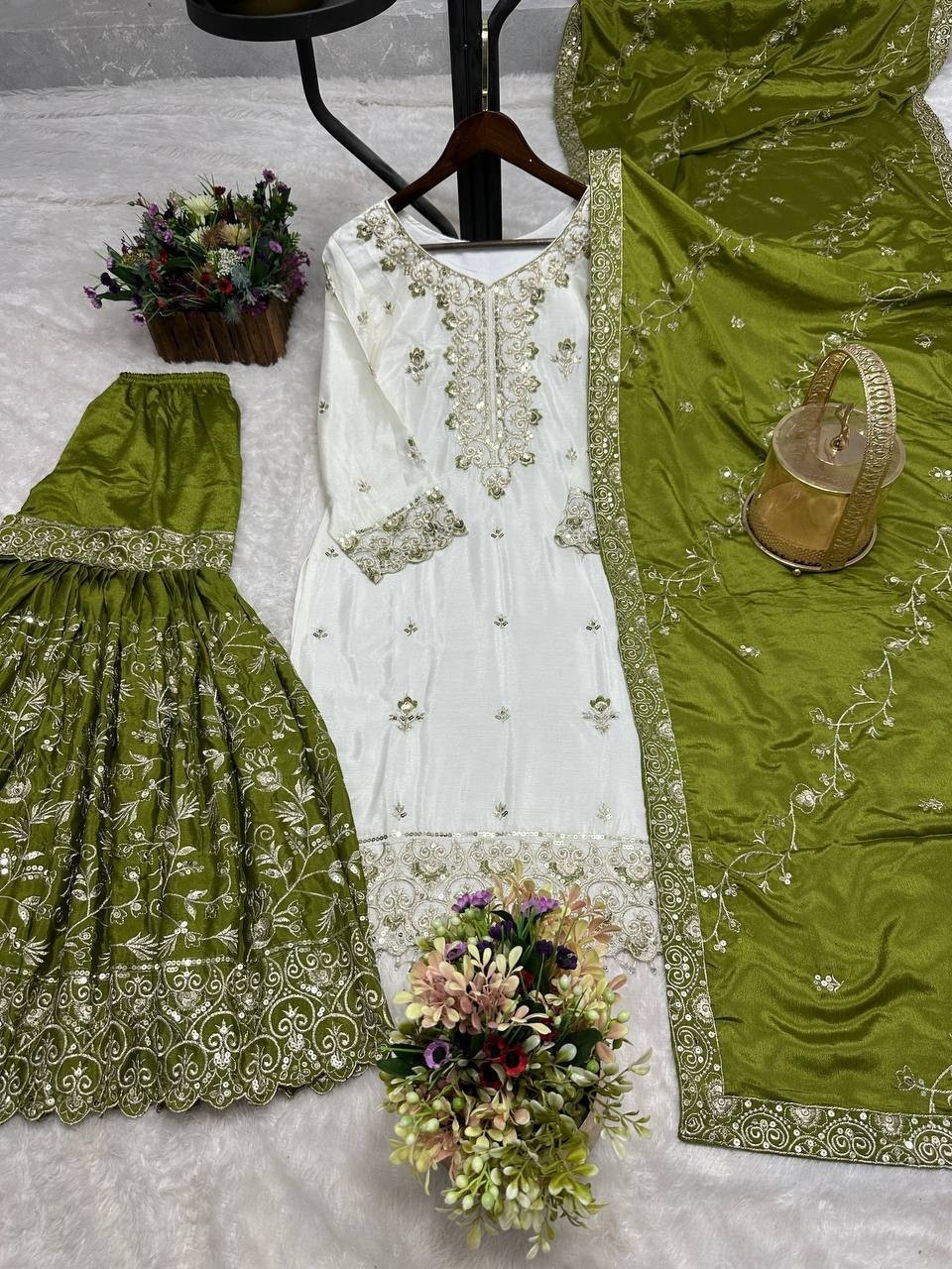 Wholesale Off-White Sharara Suit: Heavy Embroidery Kurti Rust Dupatta Factory Price